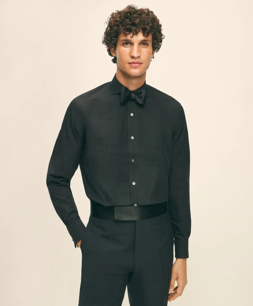 Black Fleece Pleated Londoner Collar Tuxedo Shirt in Sea Island Cotton