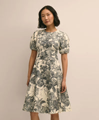 Cotton Blend Puff-Sleeve Floral Print Dress