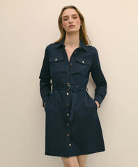 Cotton Blend Twill Belted Shirt Dress