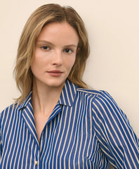 Fitted Supima® Cotton Striped Dress Shirt with Faux Pearl Button Detail