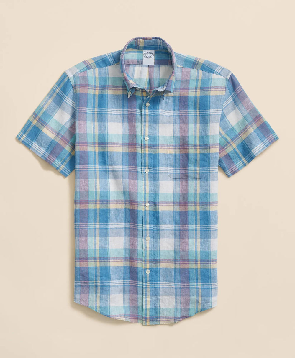 Irish Linen Polo Button Down Collar, Checked Short-Sleeve Shirt