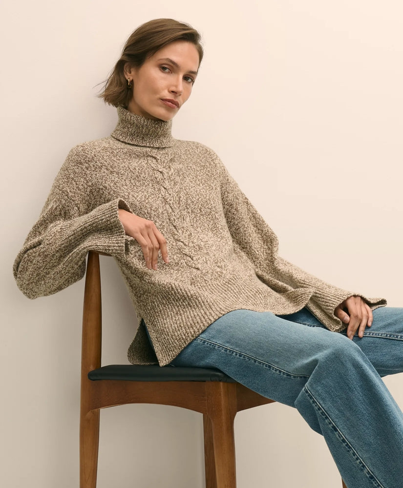 Merino Wool Blend Marled Cable-Knit Turtleneck Sweater