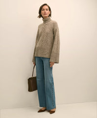 Merino Wool Blend Marled Cable-Knit Turtleneck Sweater