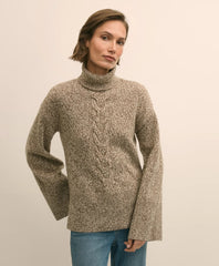 Merino Wool Blend Marled Cable-Knit Turtleneck Sweater