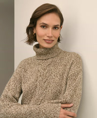 Merino Wool Blend Marled Cable-Knit Turtleneck Sweater
