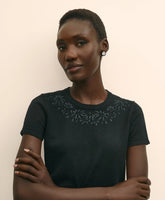 Merino-Wool-Cotton Blend Floral Embellished Short-Sleeve Sweater Shell
