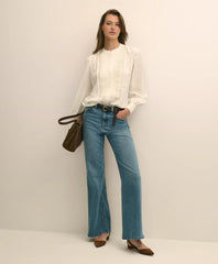 Silk Haboti Pintucked Band-Collar Blouse
