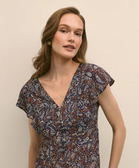 Paisley Shimmer Ruffle-Front Chevron-Stripe Dress