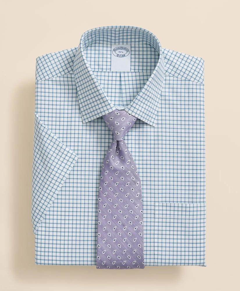 Stretch Supima® Cotton Non-Iron Broadcloth Ainsley Collar, Windowpane Short-Sleeve Dress Shirt