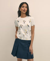 Cotton Short-Sleeve Sweater Shell in Bird Print