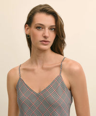 V-Neck Glen Plaid Print Camisole in Washable Silk Charmeuse