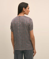 Washable Silk Charmeuse Plaid Short-Sleeve Top