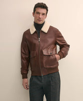 Washed Leather Bomber Jacket With Shearling Collar