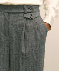 Wool Blend Pleated Herringbone Wide-Leg Pant