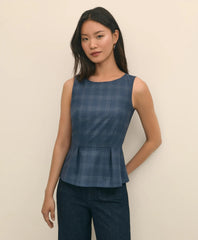 Wool-Silk Blend Sleeveless Plaid Peplum Top