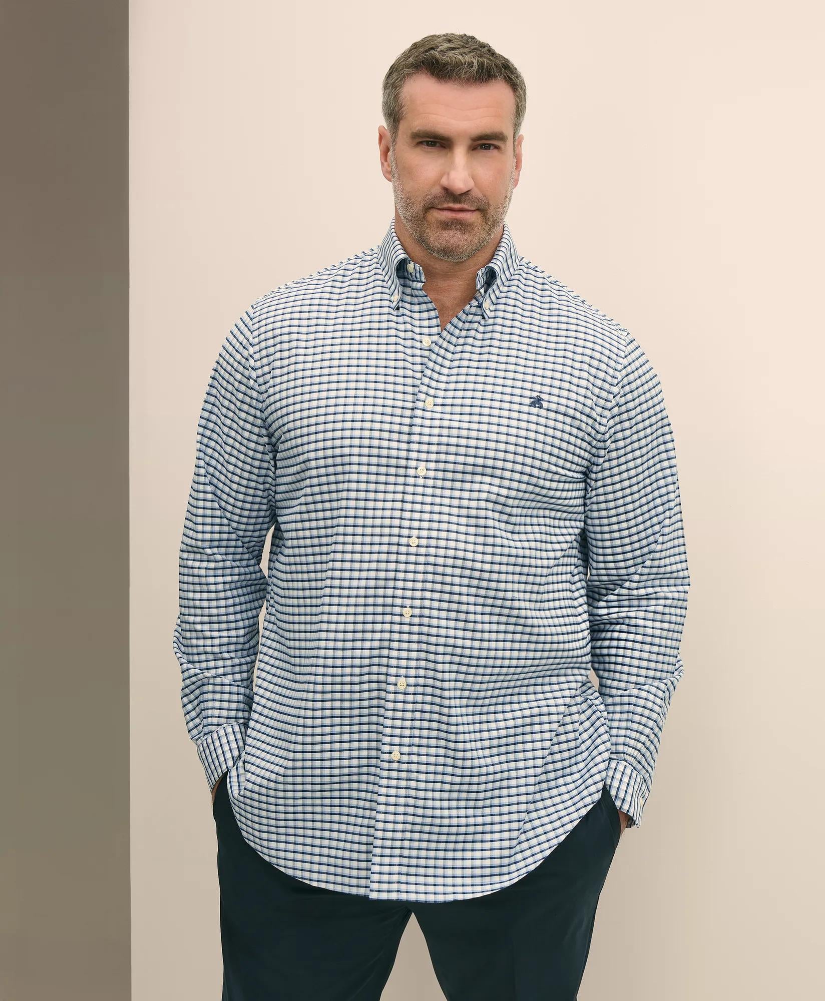 Big & Tall Stretch Cotton Non-Iron Oxford Polo Button Down Collar, Checked Shirt