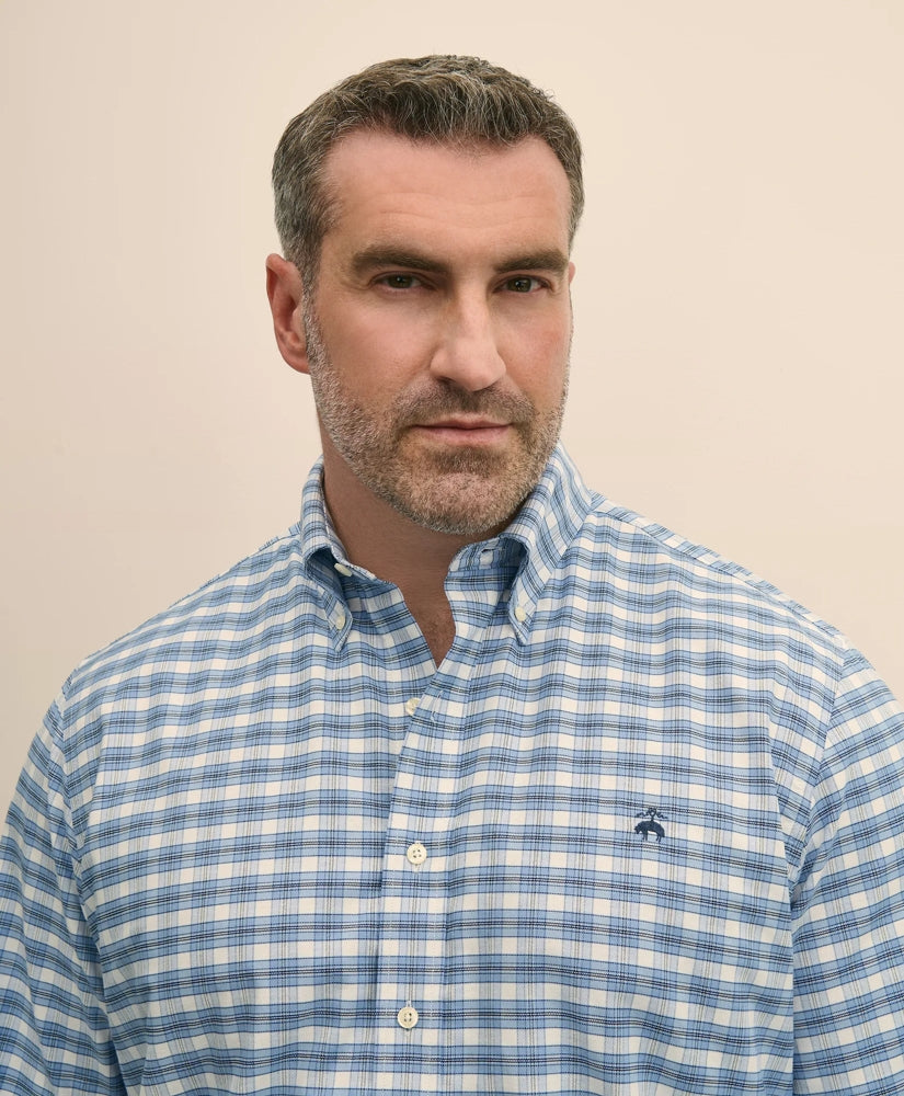 Big & Tall Stretch Cotton Non-Iron Oxford Polo Button Down Collar, Outline Check Shirt