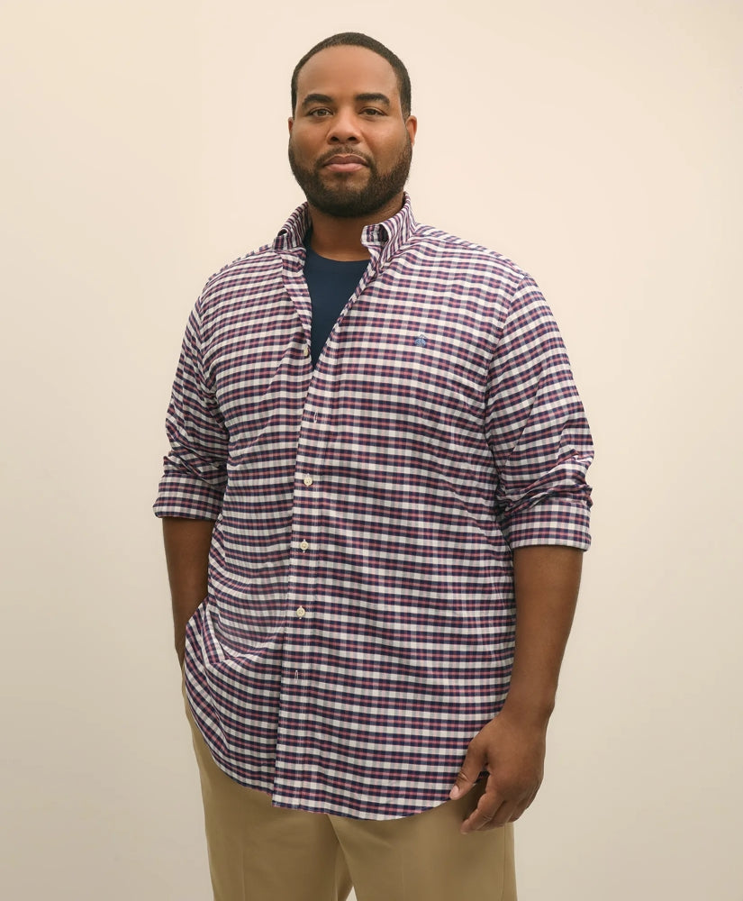Big & Tall Stretch Cotton Non-Iron Oxford Polo Button Down Collar, Outline Check Shirt