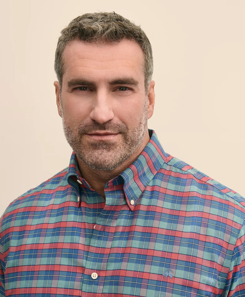 Big & Tall Stretch Cotton Non-Iron Oxford Polo Button Down Collar, Tartan Shirt