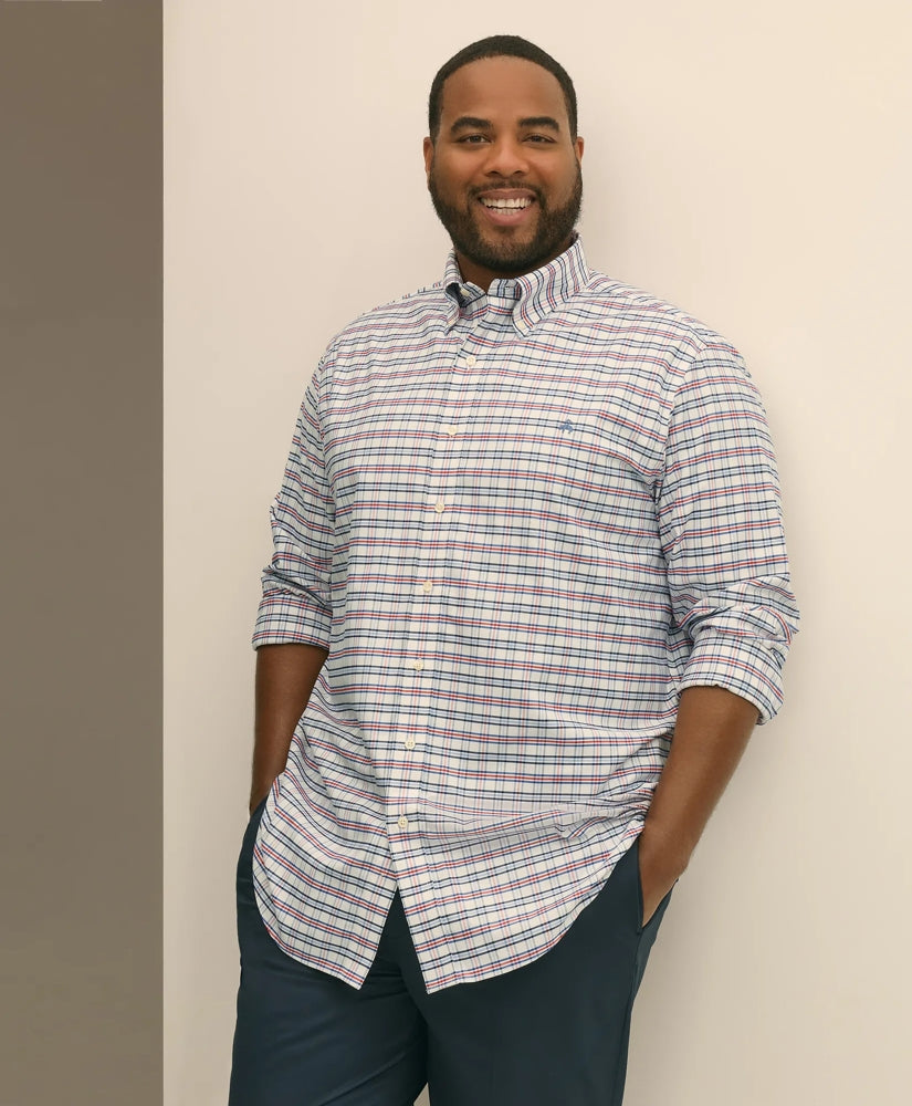 Big & Tall Stretch Cotton Non-Iron Oxford Polo Button Down Collar, Windowpane Shirt
