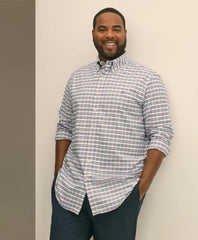 Big & Tall Stretch Cotton Non-Iron Oxford Polo Button Down Collar, Windowpane Shirt