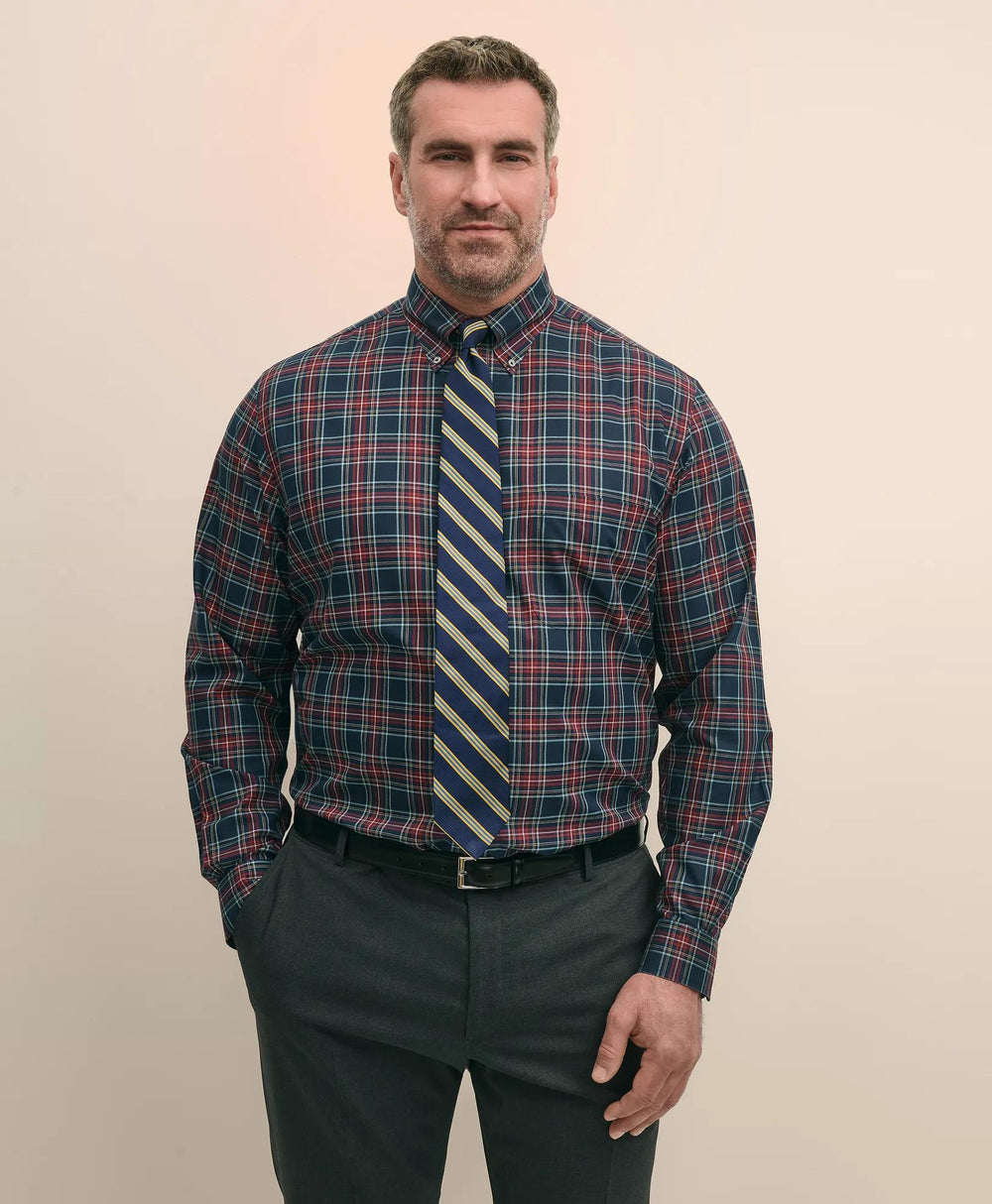 Big & Tall Stretch Cotton Non-Iron Twill Polo Button Down Collar, Tartan Shirt