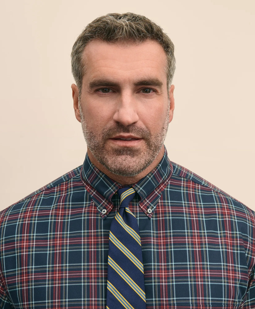 Big & Tall Stretch Cotton Non-Iron Twill Polo Button Down Collar, Tartan Shirt