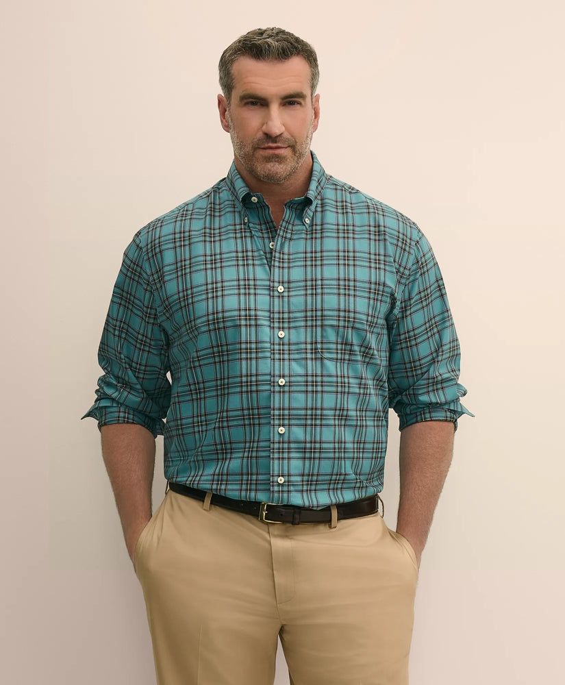Big & Tall Stretch Cotton Non-Iron Twill Polo Button Down Collar, Tartan Shirt
