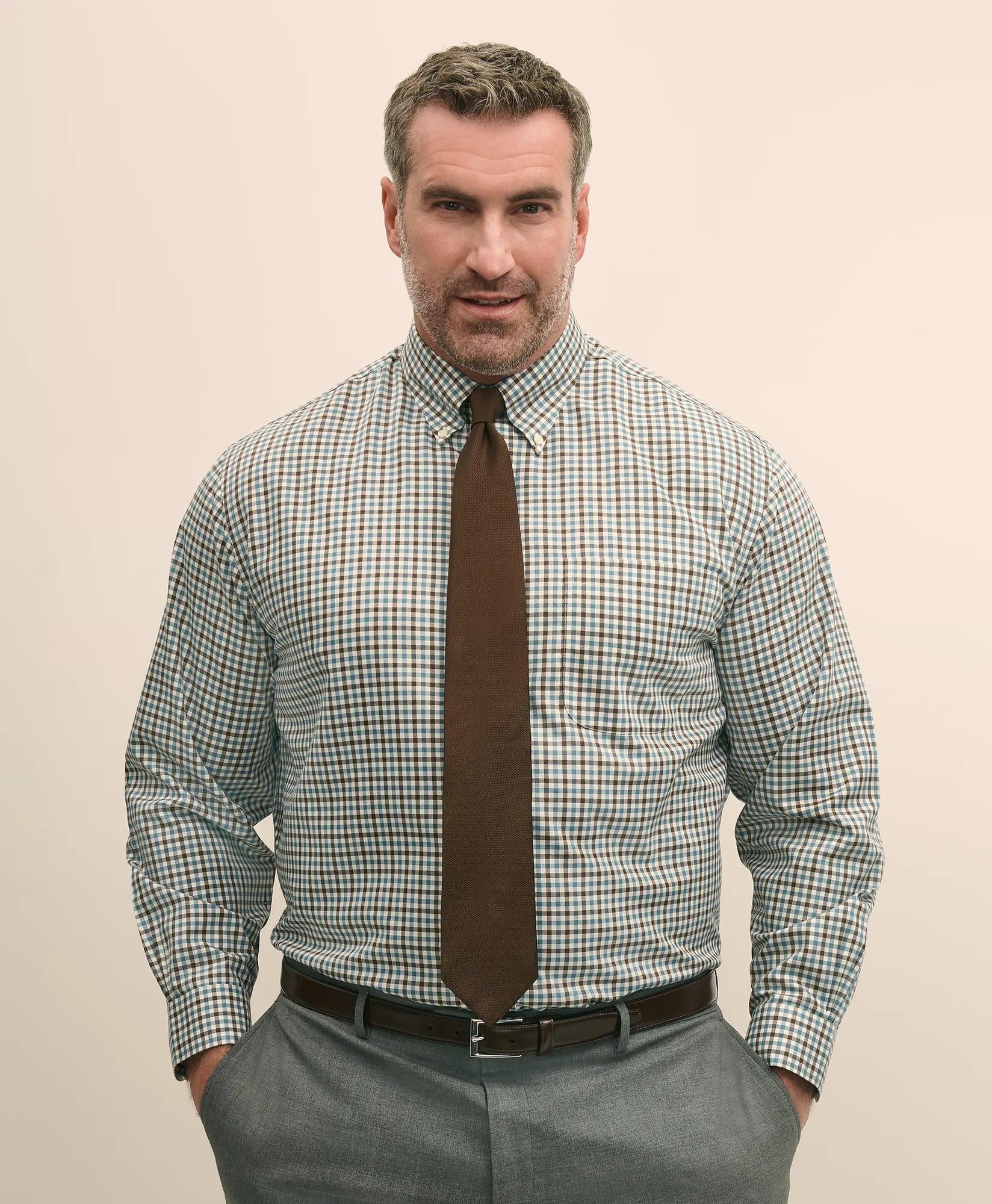 Big & Tall Stretch Supima® Cotton Non-Iron Twill Polo Button Down, Check Sport Shirt
