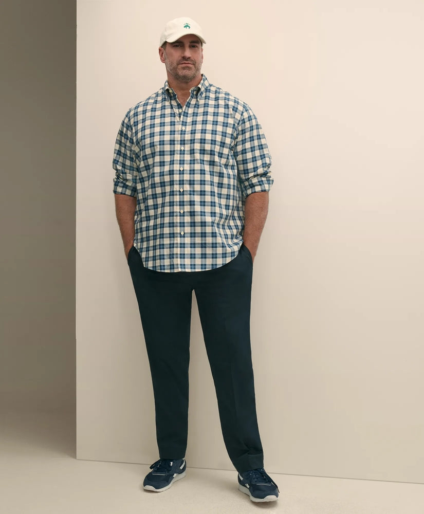 Big & Tall Stretch Supima® Cotton Non-Iron Twill Polo Button Down, Plaid Sport Shirt