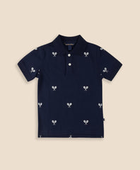 Boys Stretch Cotton Tennis- Racquet- Embroidered Pique Polo Shirt