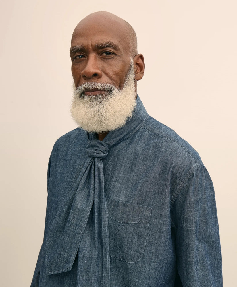 Brooks Brothers X Engineered Garments Cotton Chambray Ascot Collar Oversized Dress Shirt