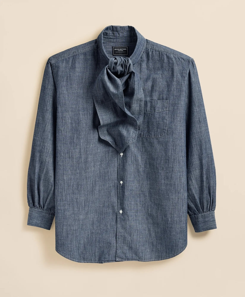 Brooks Brothers X Engineered Garments Cotton Chambray Ascot Collar Oversized Dress Shirt
