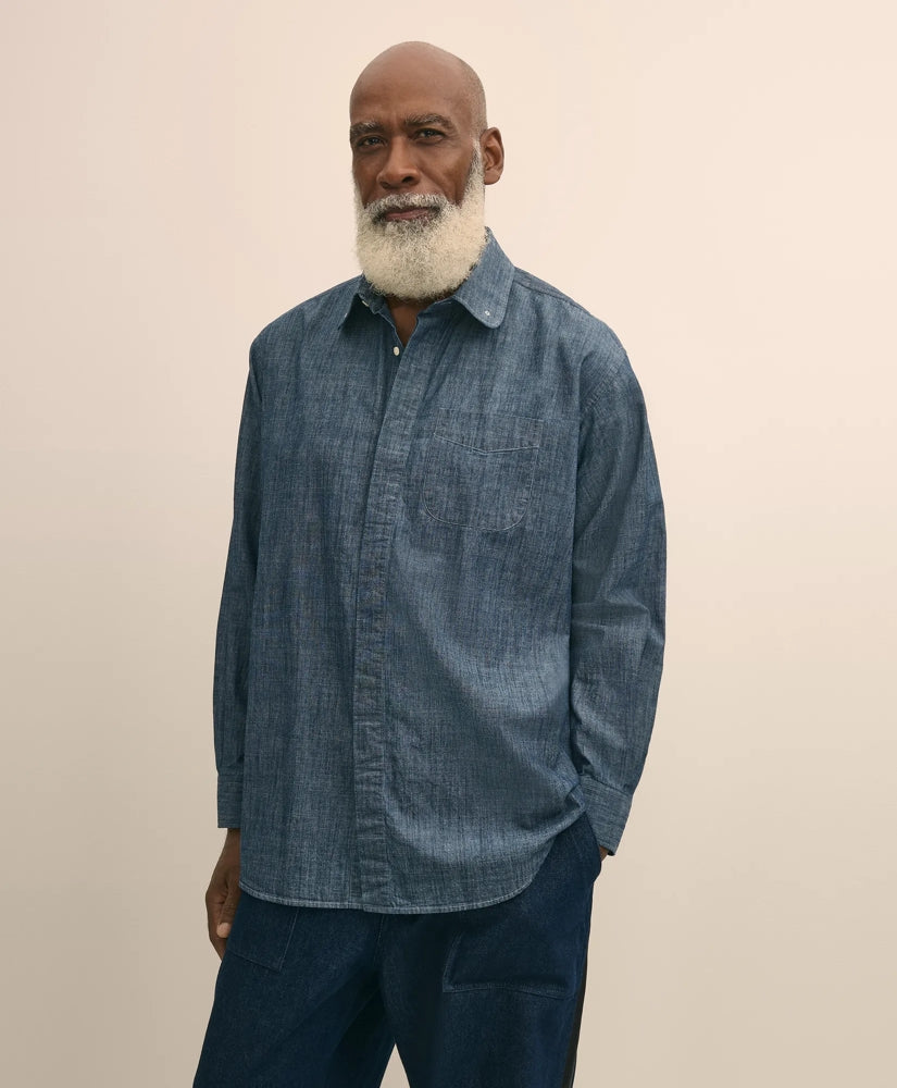 Brooks Brothers X Engineered Garments Cotton Chambray Round Pinhole Collar Oversized Dress Shirt