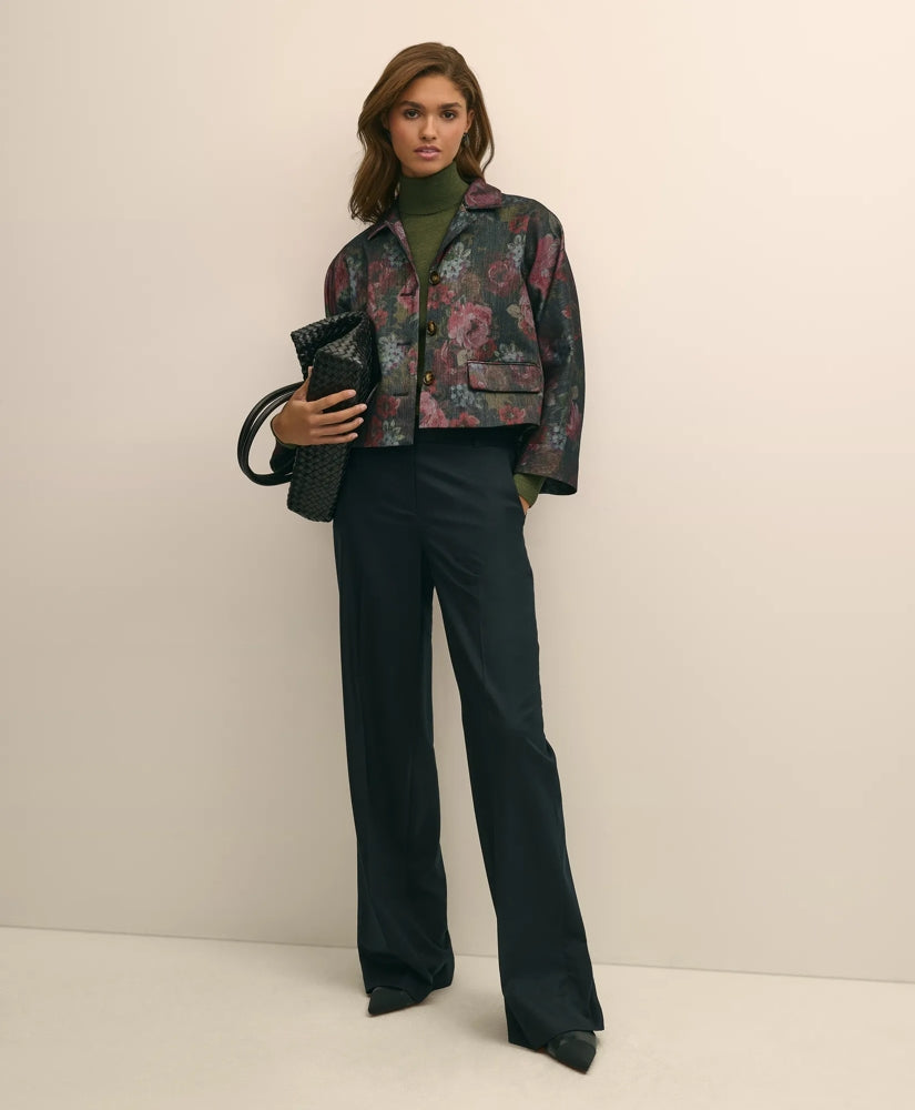 Cotton Blend Floral Jacquard Cropped Jacket