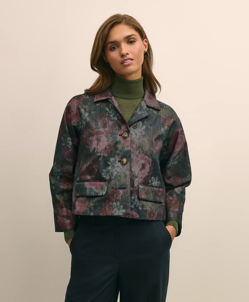 Cotton Blend Floral Jacquard Cropped Jacket