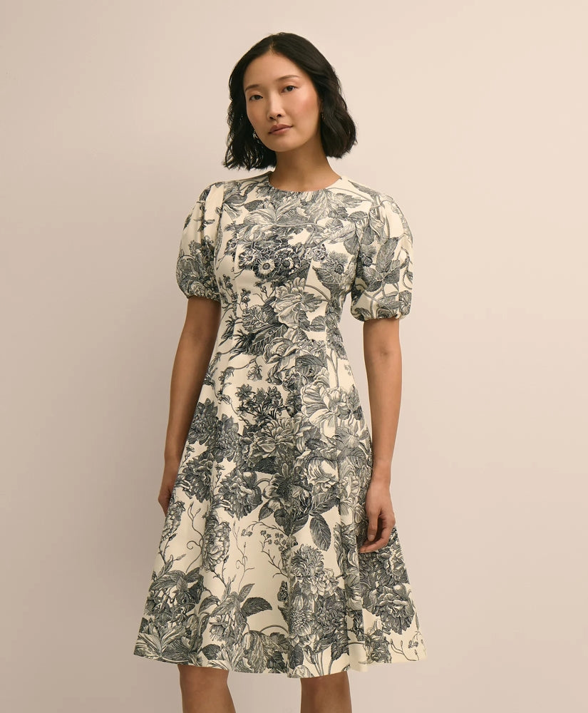 Cotton Blend Puff-Sleeve Floral Print Dress