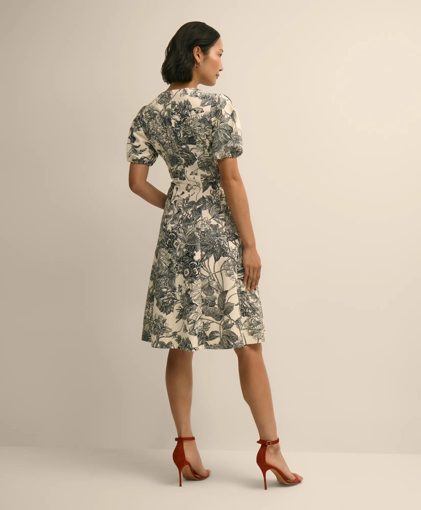 Cotton Blend Puff-Sleeve Floral Print Dress