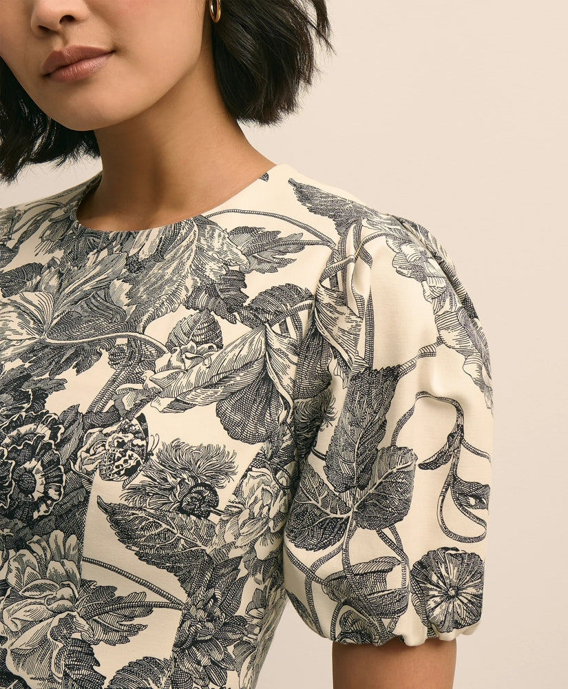 Cotton Blend Puff-Sleeve Floral Print Dress