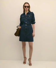 Cotton Blend Twill Belted Shirt Dress
