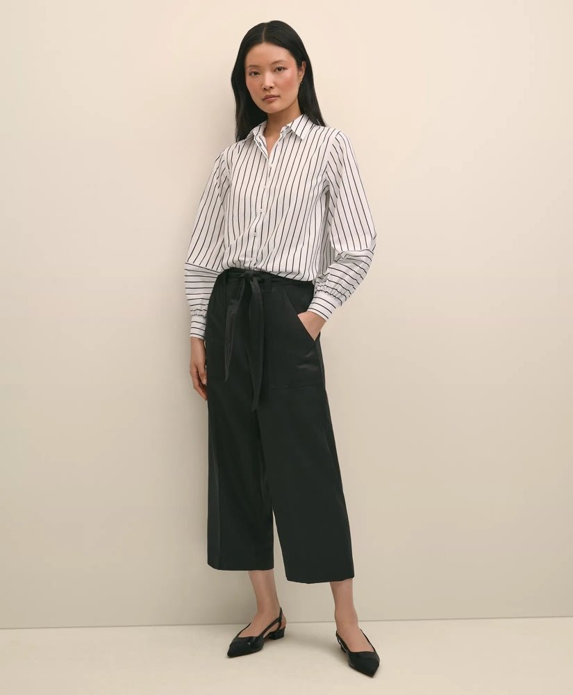 Cotton Poplin Contrast-Stripe Blouson Sleeve Shirt