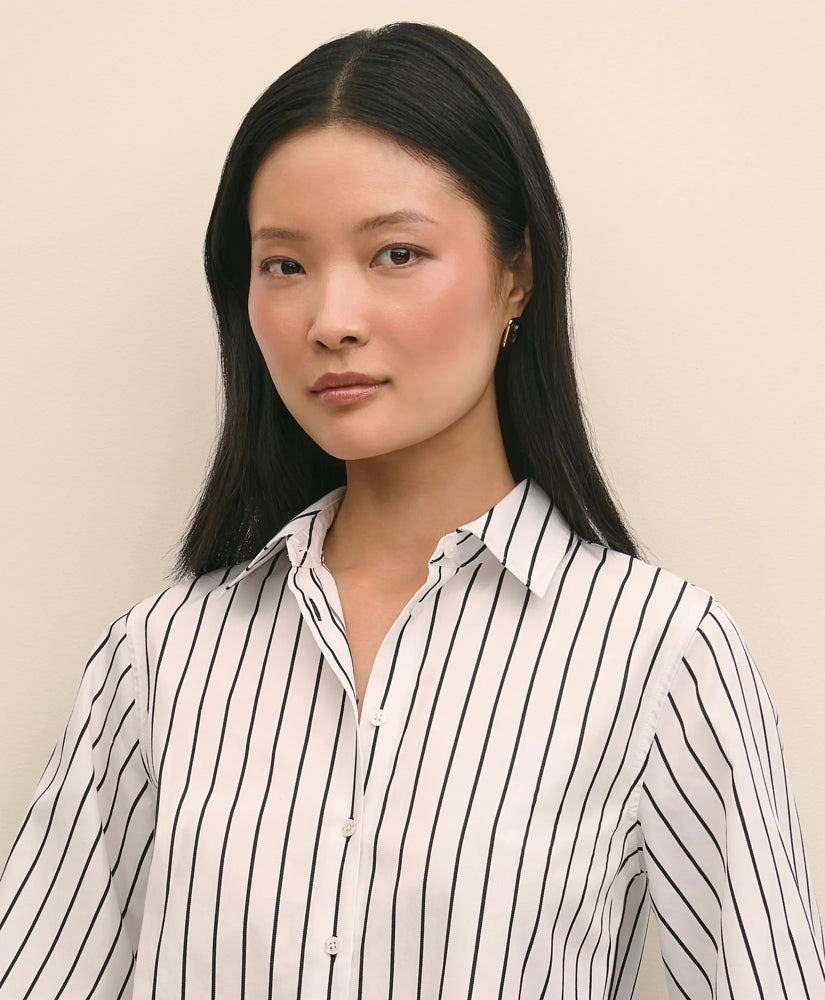 Cotton Poplin Contrast-Stripe Blouson Sleeve Shirt