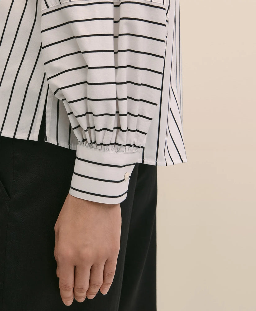 Cotton Poplin Contrast-Stripe Blouson Sleeve Shirt