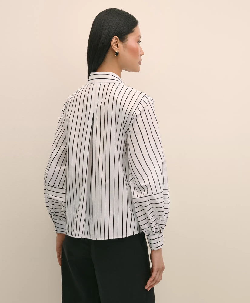 Cotton Poplin Contrast-Stripe Blouson Sleeve Shirt