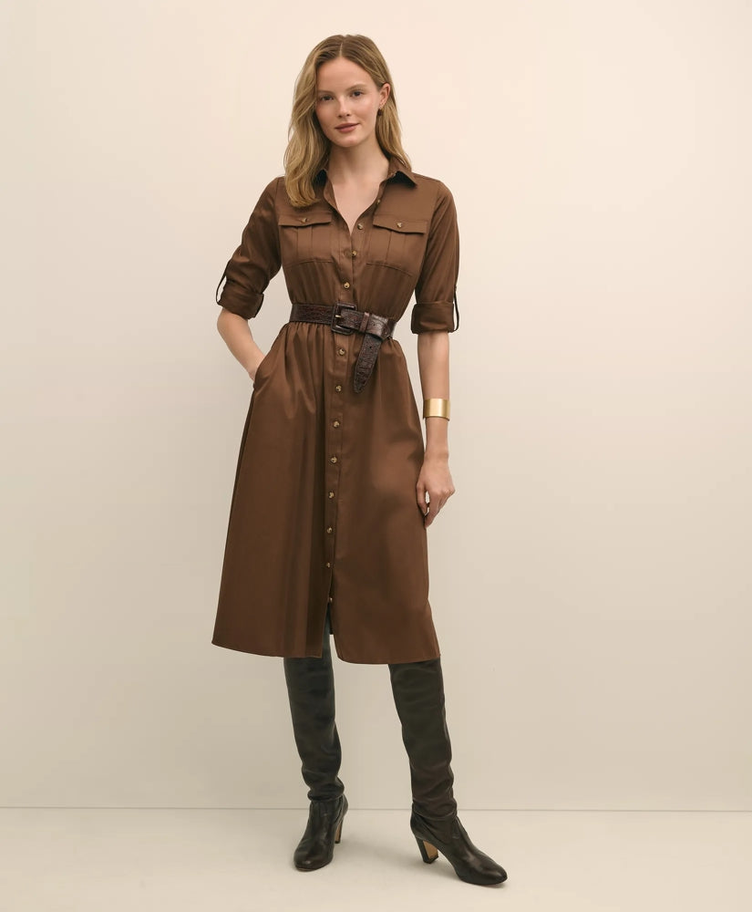 Cotton Sateen Fit-And-Flare Belted Shirt Dress