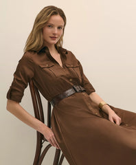 Cotton Sateen Fit-And-Flare Belted Shirt Dress