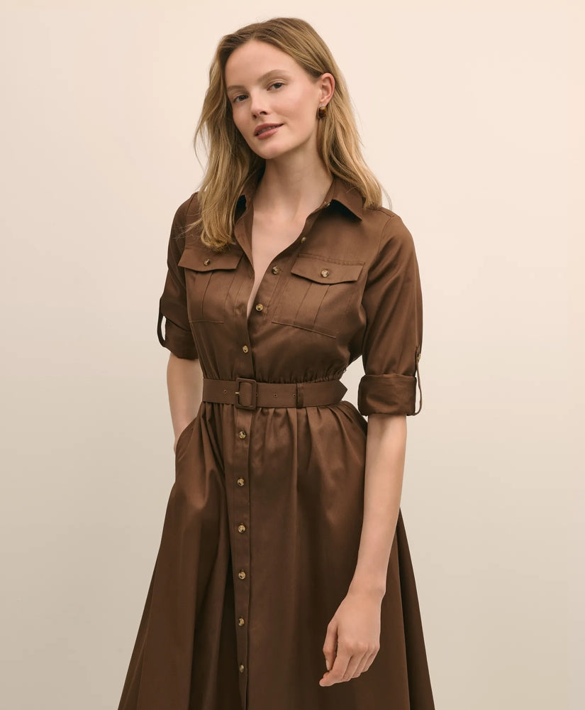 Cotton Sateen Fit-And-Flare Belted Shirt Dress