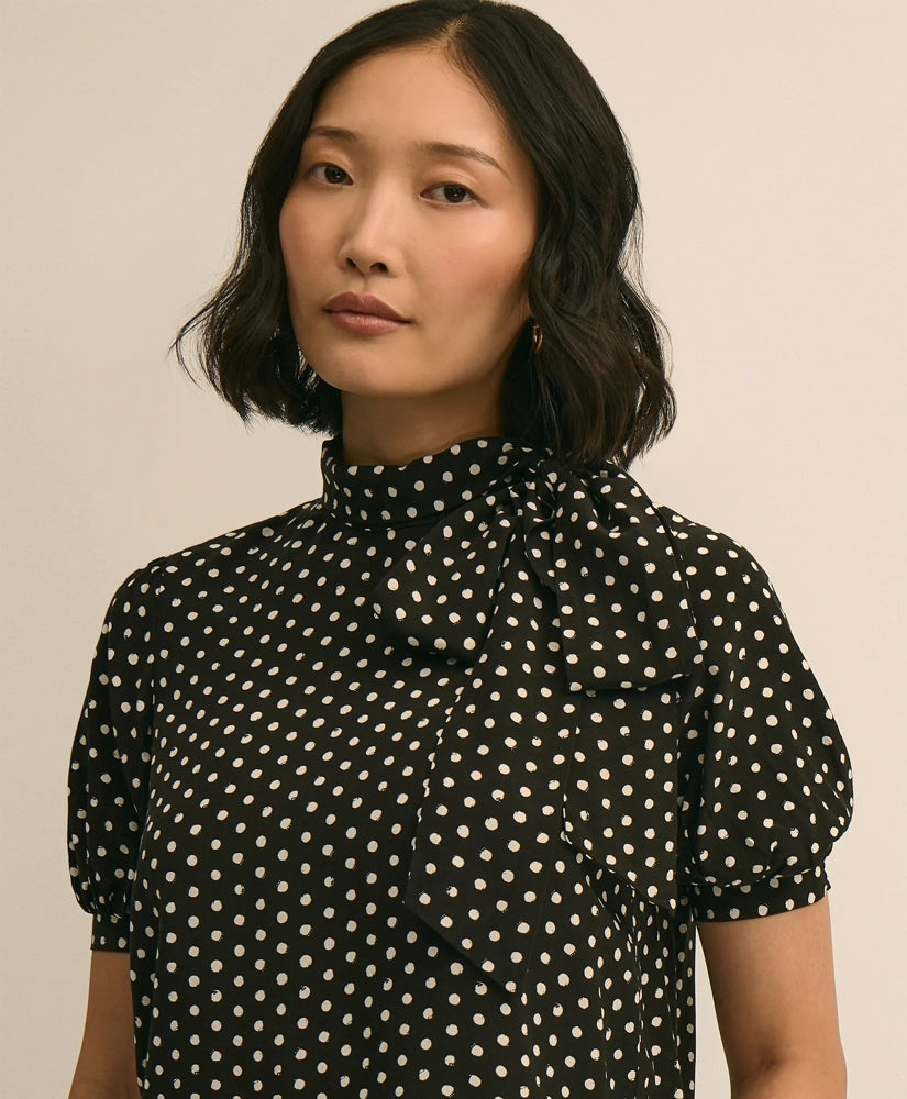 Dot-Print Tie-Neck Blouse