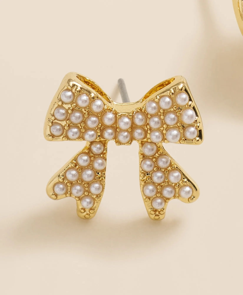 Faux-Pearl Bow Stud Earrings