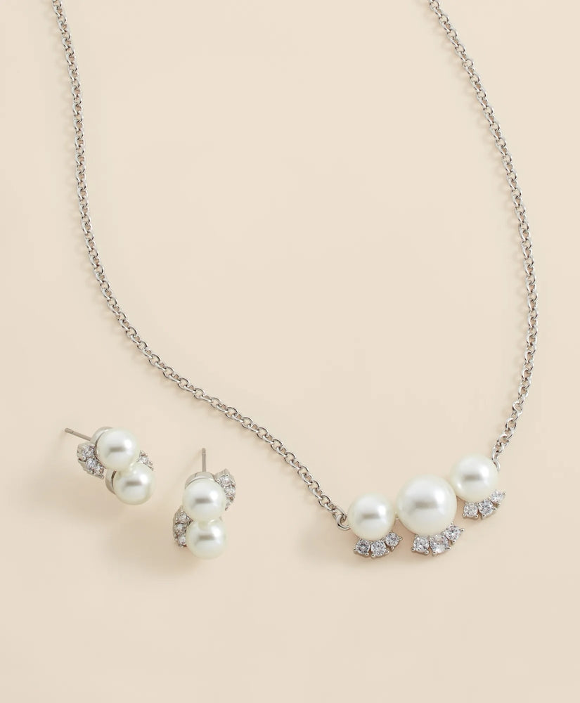 Faux Pearl Cubic-Zirconia Cluster Necklace and Earrings Set